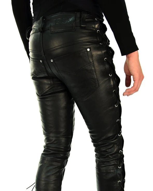 Biker Side Laced Black Leather Pant for Men with Slim Fit