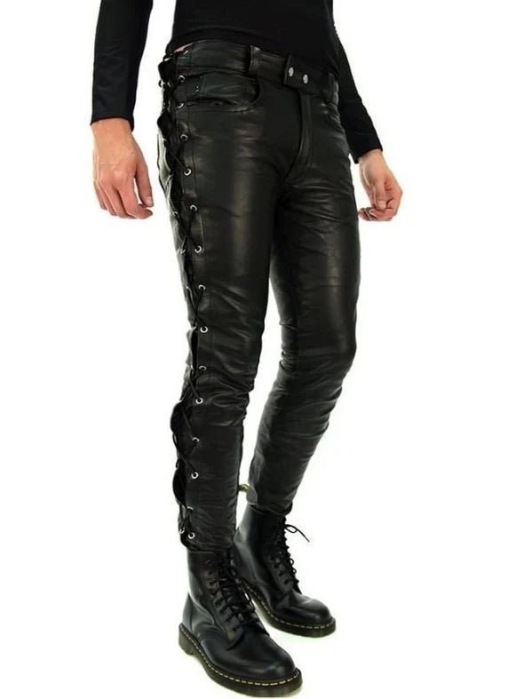 Biker Side Laced Black Leather Pant for Men with Slim Fit