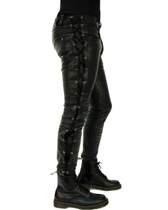 Biker Side Laced Black Leather Pant for Men with Slim Fit