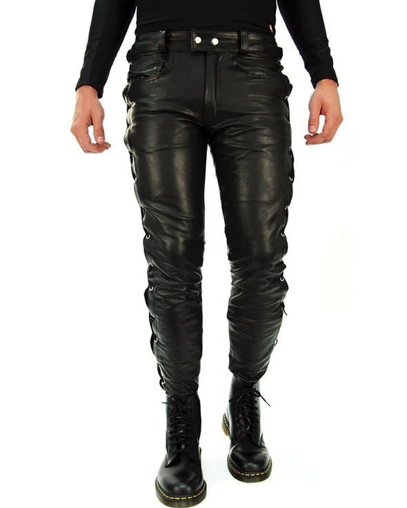 Biker Side Laced Black Leather Pant for Men with Slim Fit
