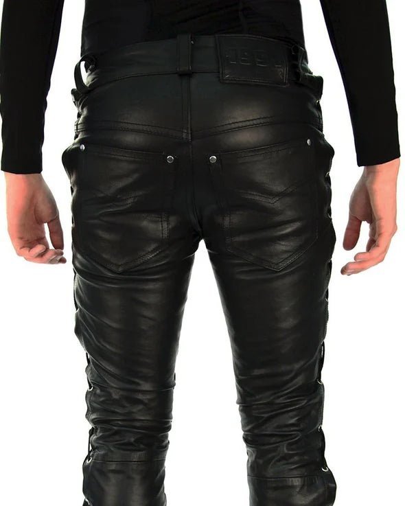Biker Side Laced Black Leather Pant for Men with Slim Fit