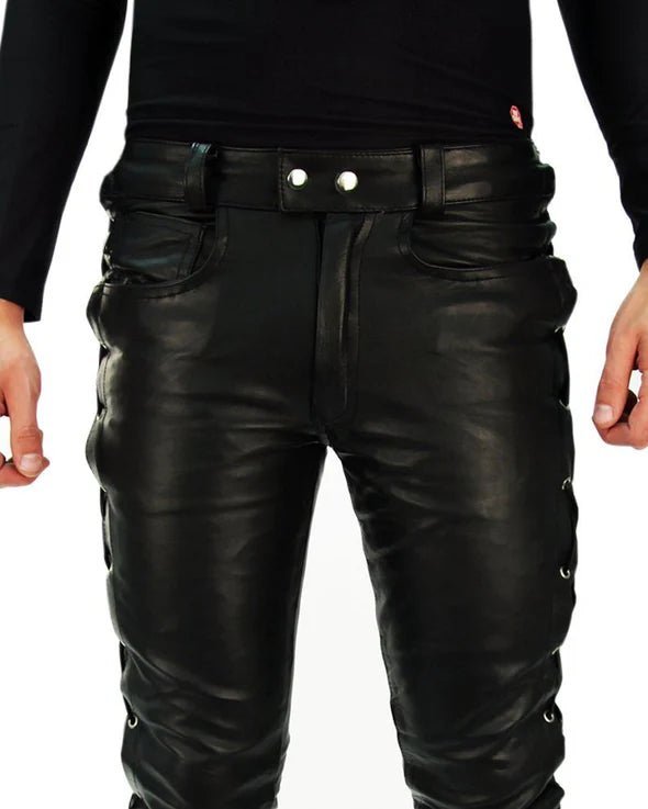 Biker Side Laced Black Leather Pant for Men with Slim Fit