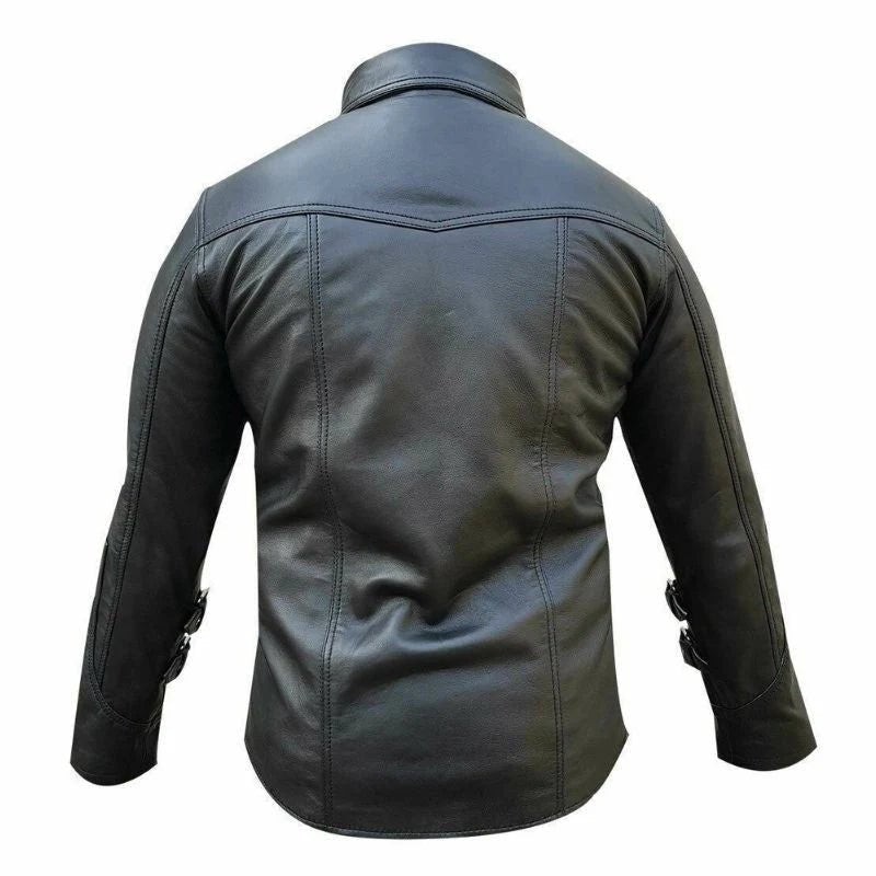 Biker's Black Leather Shirt with Buckles & Rings - The Leather Men