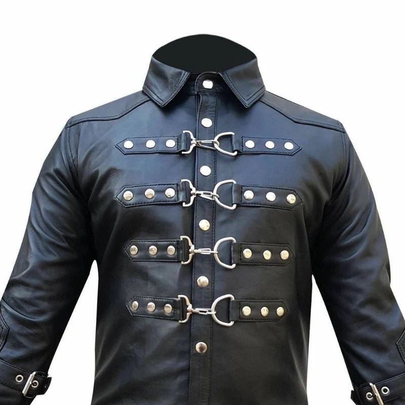 Biker's Black Leather Shirt with Buckles & Rings - The Leather Men