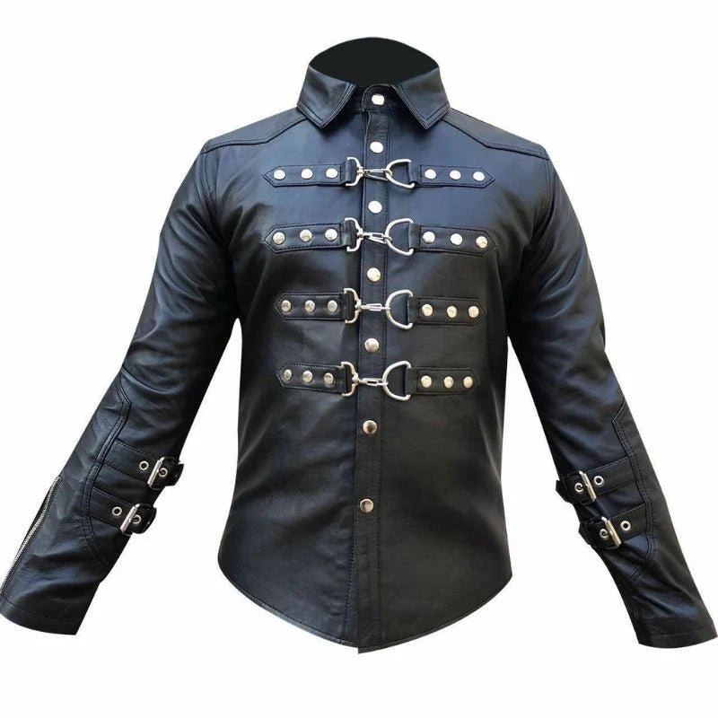 Biker's Black Leather Shirt with Buckles & Rings - The Leather Men