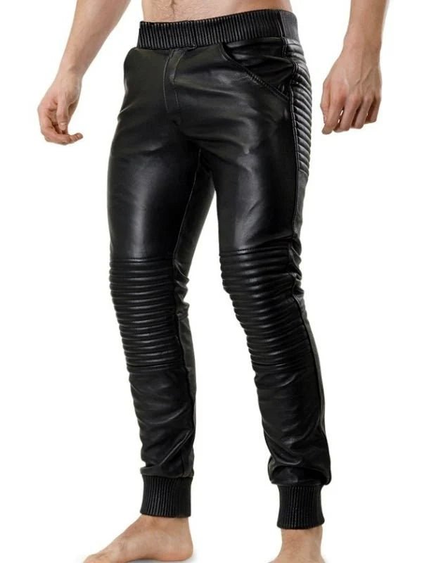 Black Leather Jogger Pants with Ribbed - The Leather Men