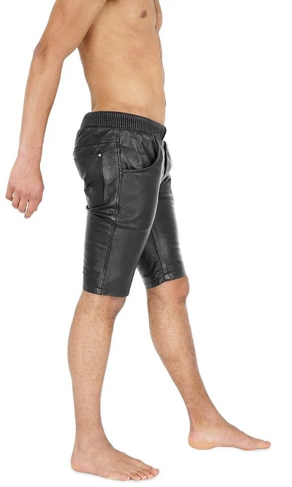 Black Leather Jogger Shorts with Elastic Waistband 