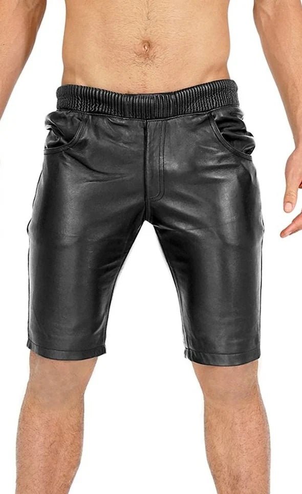 Black Leather Jogger Shorts with Elastic Waistband - The Leather Men