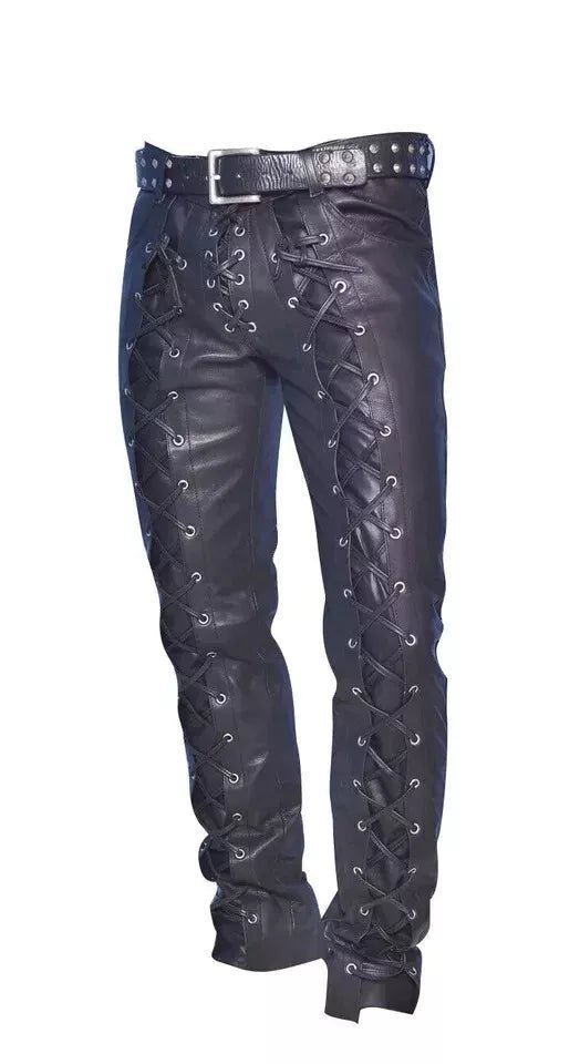 Black Leather Pants with Lace - Up Sides & Studded Belt