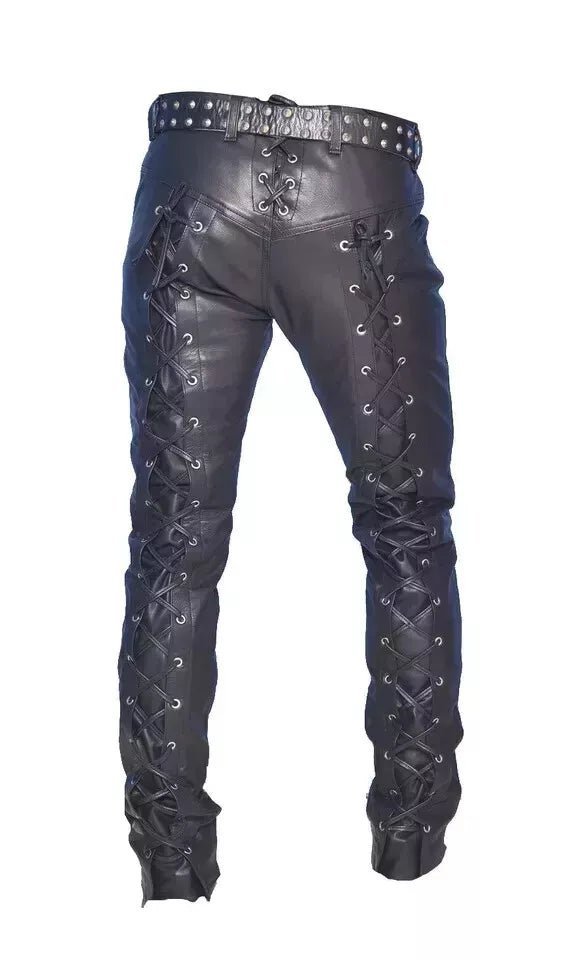 Black Leather Pants with Lace - Up Sides & Studded Belt