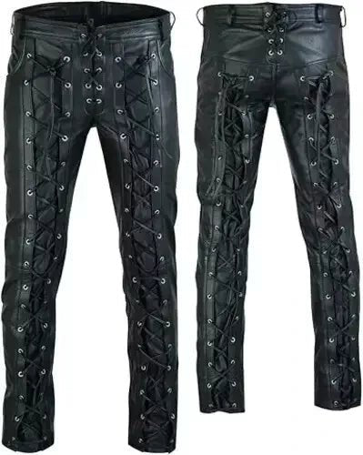 Black Leather Pants with Lace - Up Sides & Studded Belt