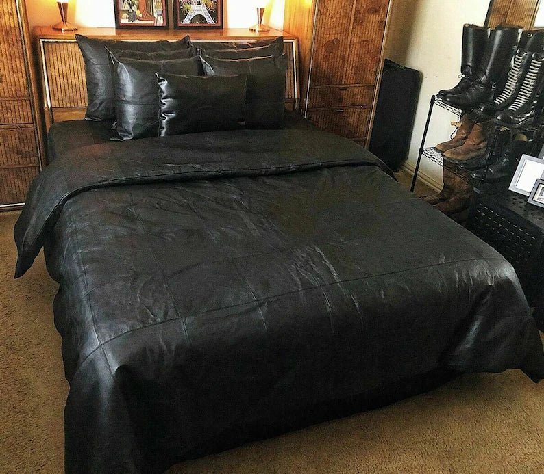 Black Leather Queen Size Duvet Cover Set