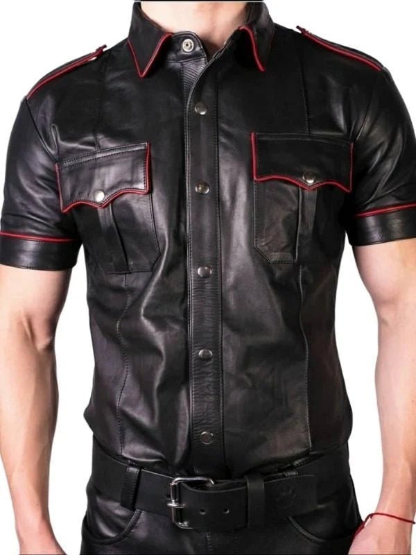 Black Leather Uniform Shirt with Red Accent & Epaulets