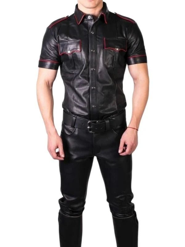 Black Leather Uniform Shirt with Red Accent & Epaulets