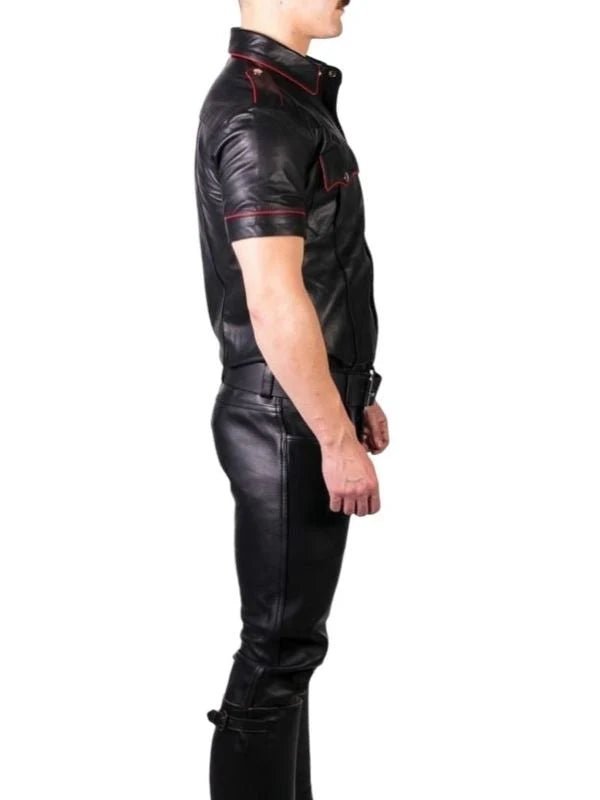 Black Leather Uniform Shirt with Red Accent & Epaulets