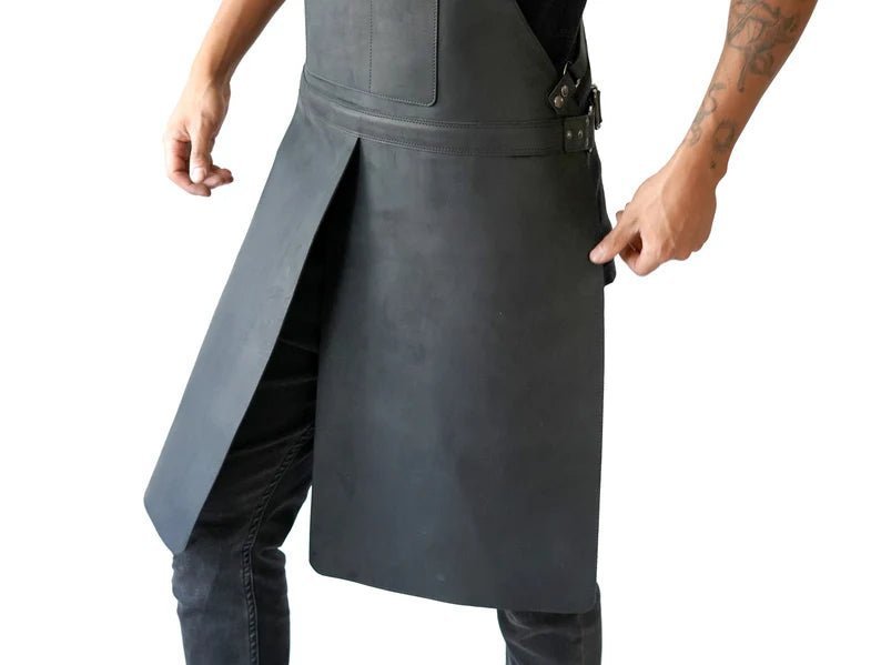 Black Leather Work Apron Split Leg Design