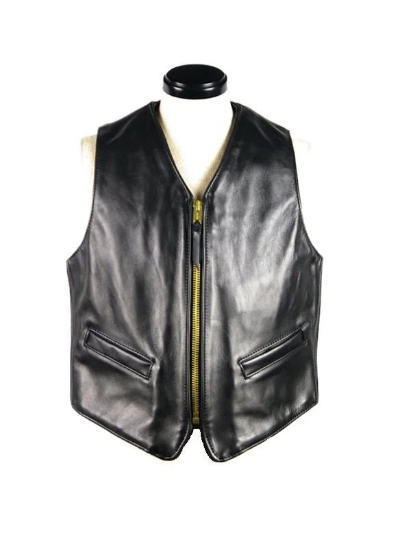 Black Leather zip Vest with Front Zipper & Pockets