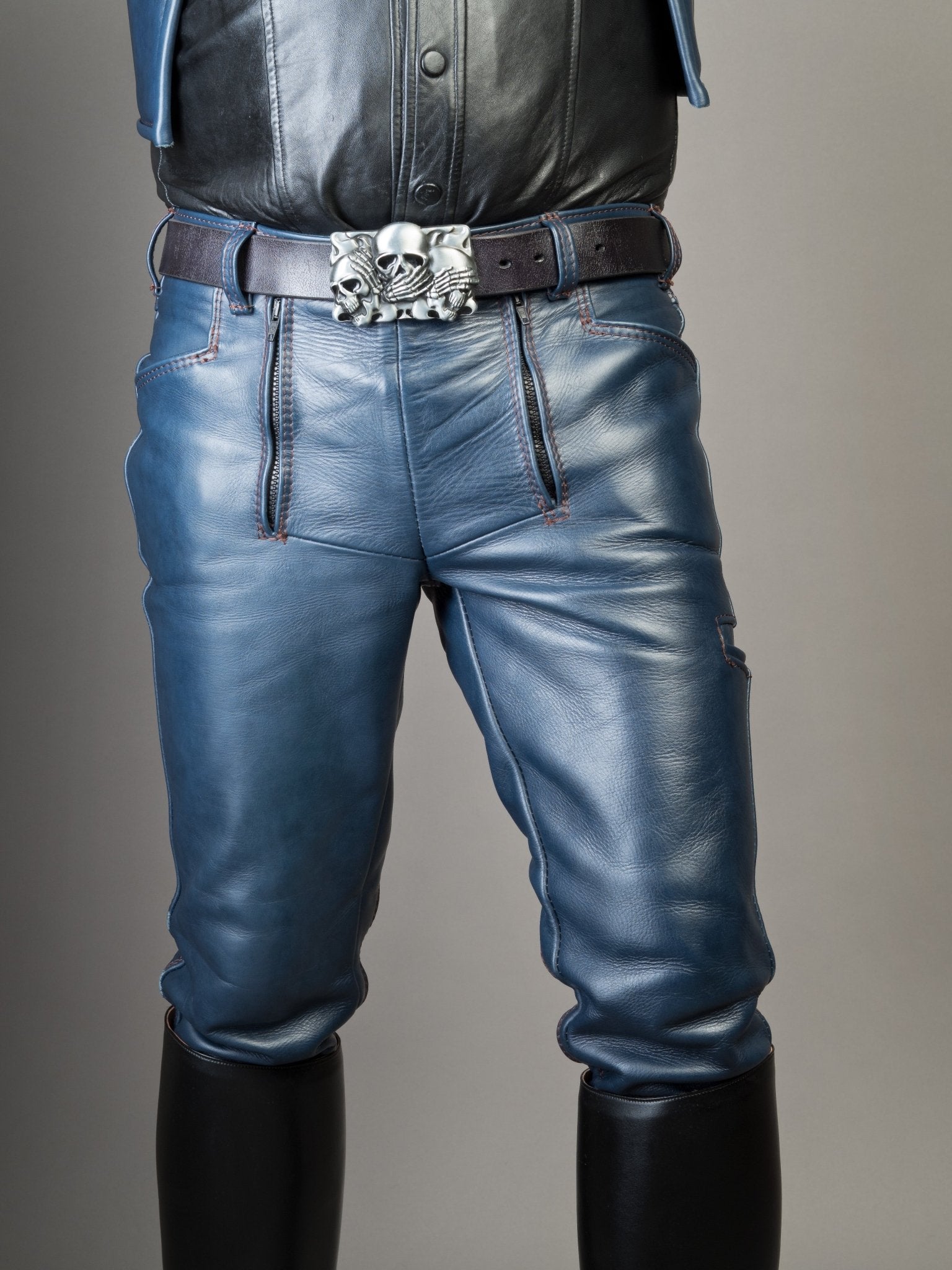 Blue Leather Pants with Skull Belt – Stylish & Slim Fit 