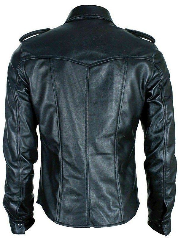 Classic Black Police Style Leather Shirt - Stylish & Durable Long Sleeve