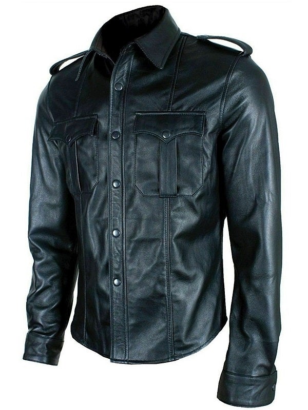 Classic Black Police Style Leather Shirt - Stylish & Durable Long Sleeve
