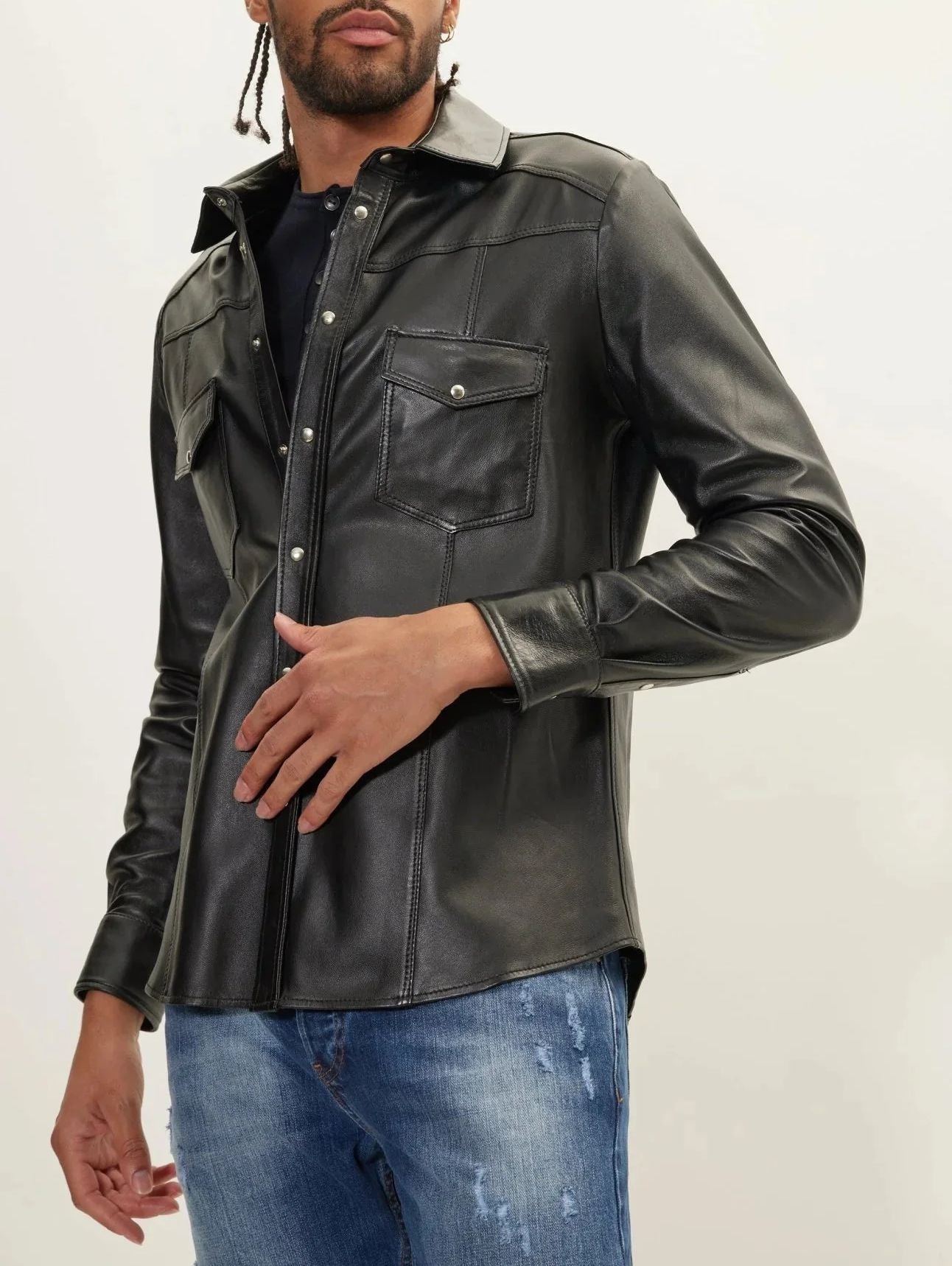 Genuine Lambskin Leather Shirt - Black - The Leather Men