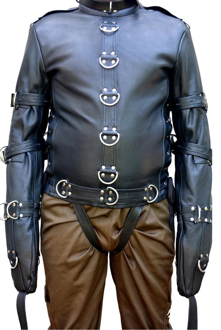 Leather Bondage Jacket with Adjustable Straps & D - Rings
