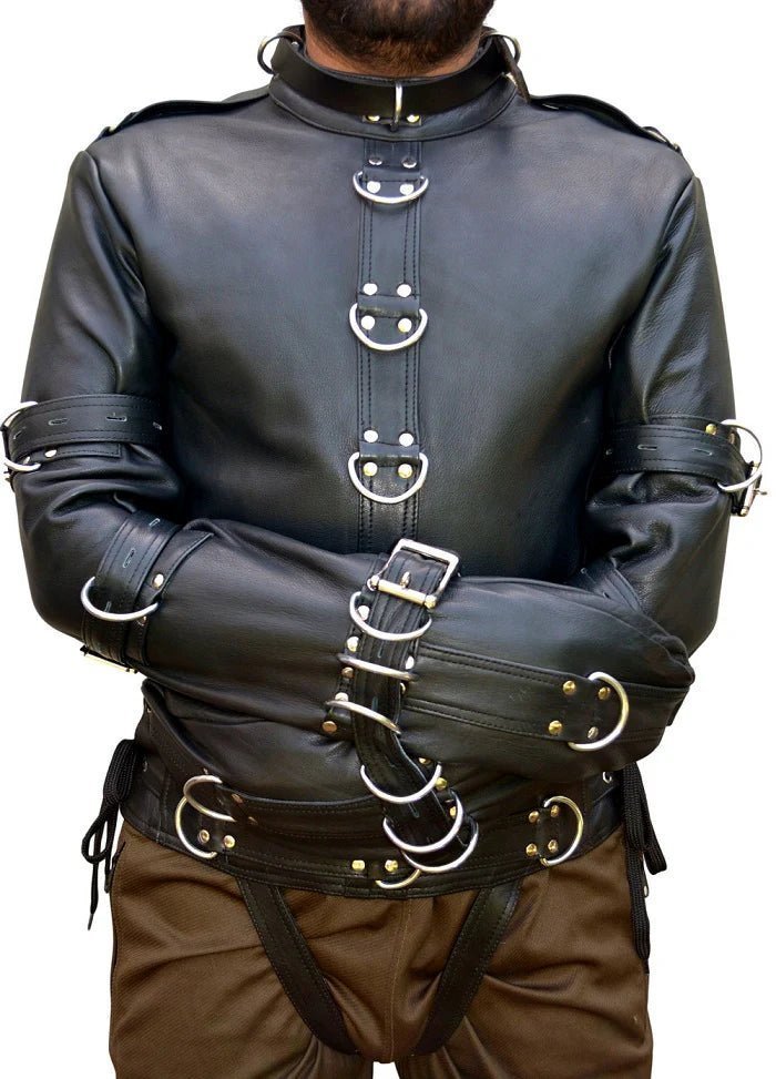Leather Bondage Jacket with Adjustable Straps & D - Rings