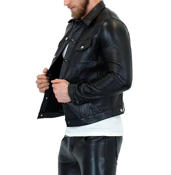 Black Leather Denim Jacket Slim Fit Stylish Casual Wear