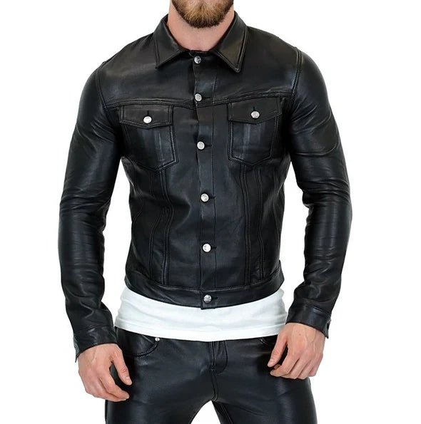 men black leather denim jacket