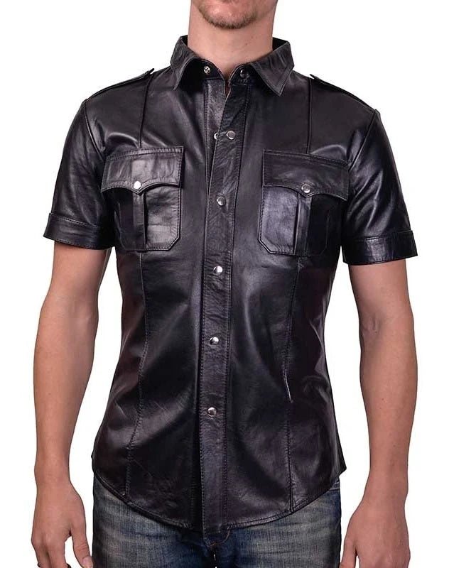 Leather Police Shirt with Short Sleeves & Pockets - The Leather Men
