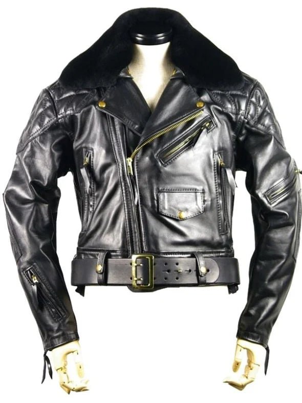 padded motorcycle Black Leather Biker Jacket with Fur Collar