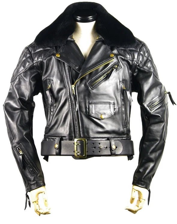 Black Leather Biker Jacket with Fur Collar UK USA and all over the Europe 