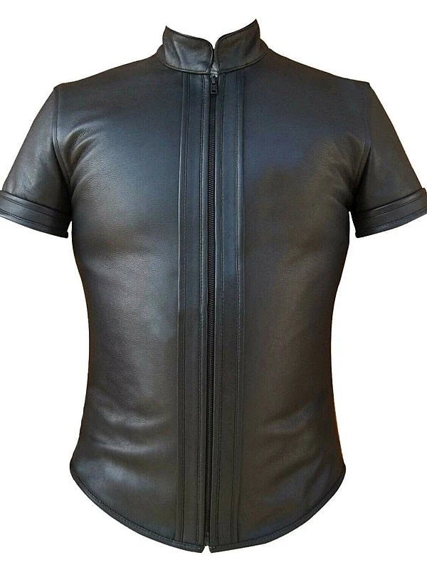 Men's Black Leather Biker Shirt with Front Zipper