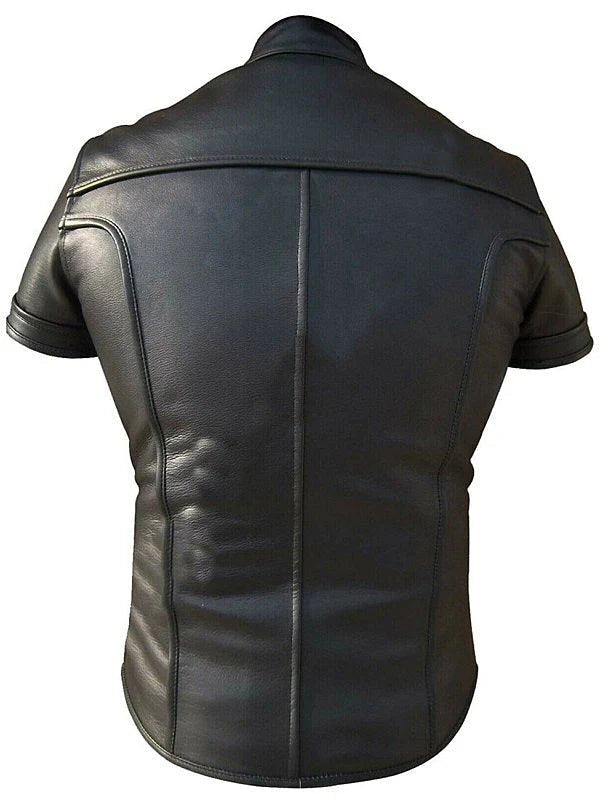 Men's Black Leather Biker Shirt with Front Zipper