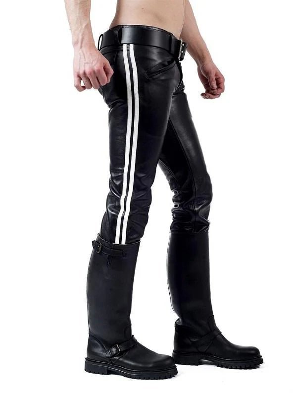 Men’s Black Leather Pants With White Stripes