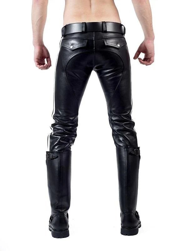Men’s Black Leather Pants With White Stripes
