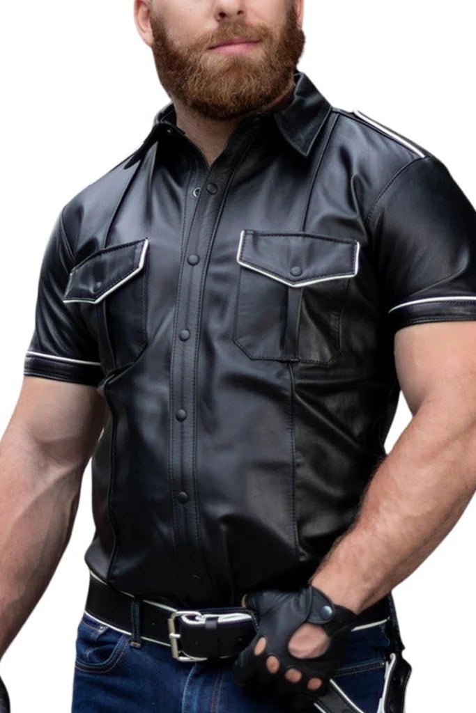 Mens Black Leather Police Shirt with White Piping & Pockets