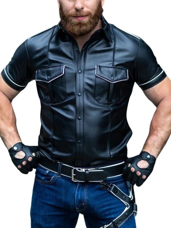 Mens Black Leather Police Shirt with White Piping & Pockets