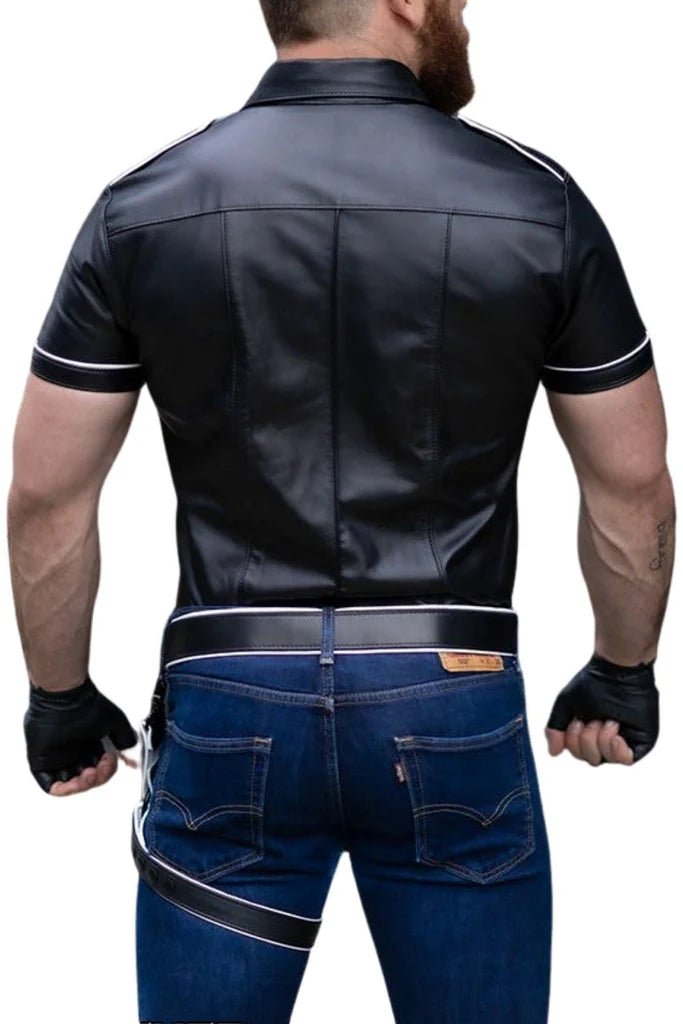 Mens Black Leather Police Shirt with White Piping & Pockets