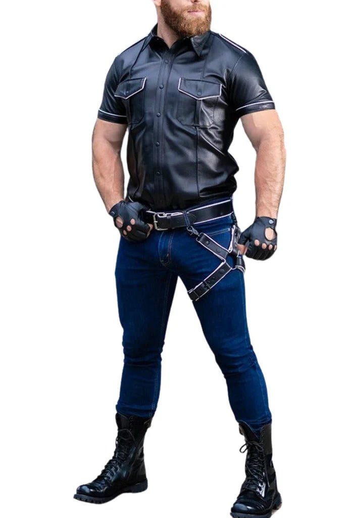 Mens Black Leather Police Shirt with White Piping & Pockets