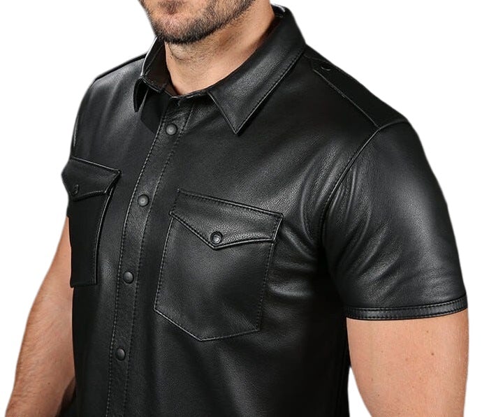 Men's Black Leather Shirt – Short Sleeve, Classic & Fitted Style - The Leather Men