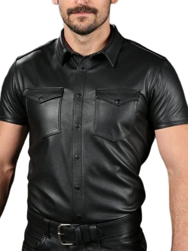 Men's Black Leather Shirt – Short Sleeve, Classic & Fitted Style - The Leather Men