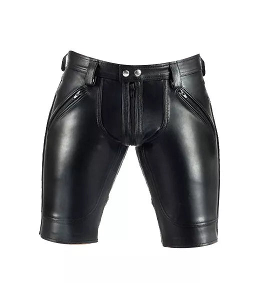 Men's Black Leather Shorts with Zipper