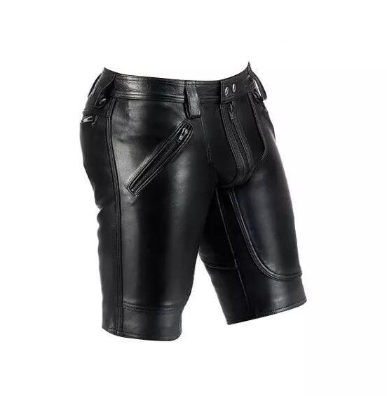 Men's Black Leather Shorts with Zipper
