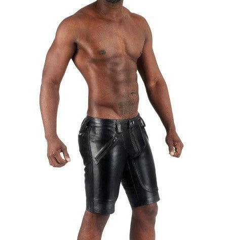 Men's Black Leather Shorts with Zipper