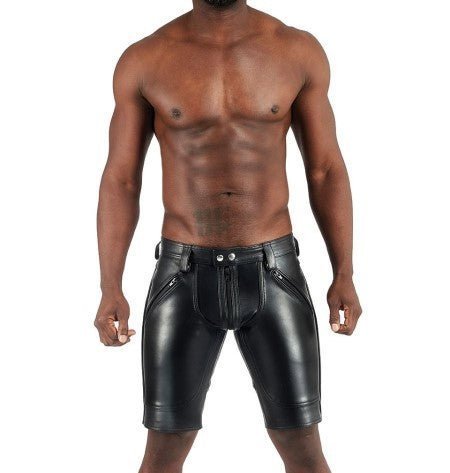 Men's Black Leather Shorts with Zipper