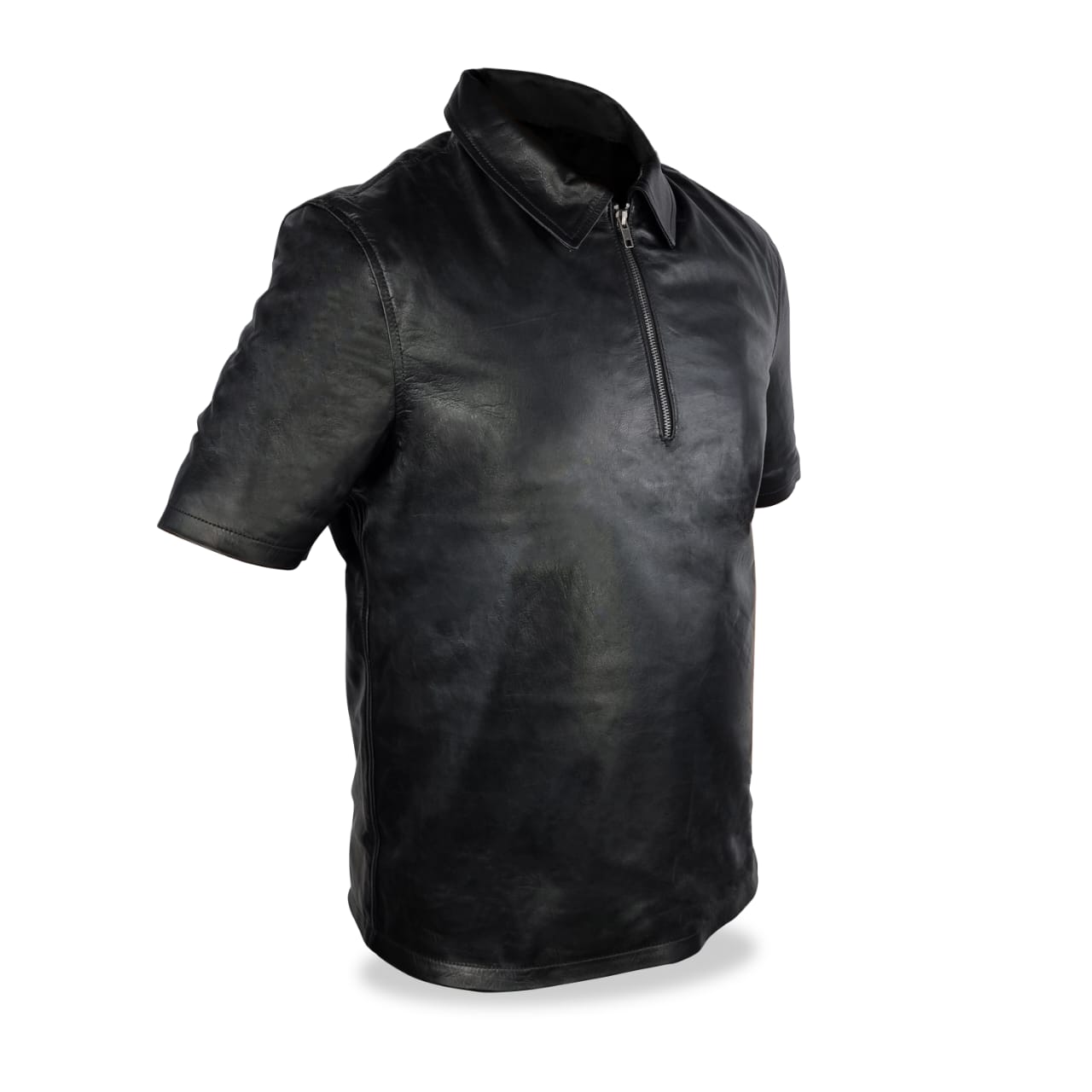 Men's Black Leather Zip Up Polo Shirt - Short Sleeve - The Leather Men