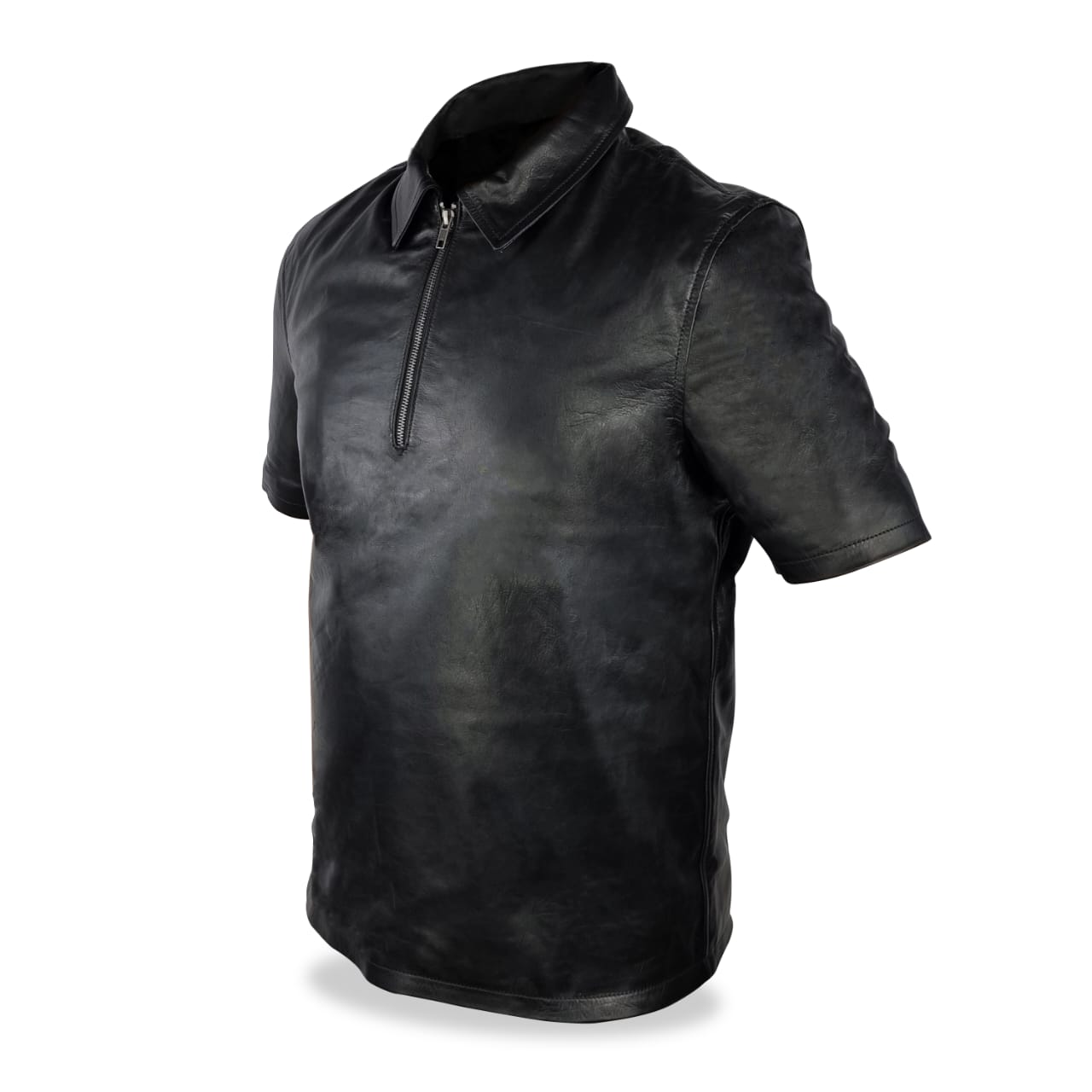 Men's Black Leather Zip Up Polo Shirt - Short Sleeve - The Leather Men