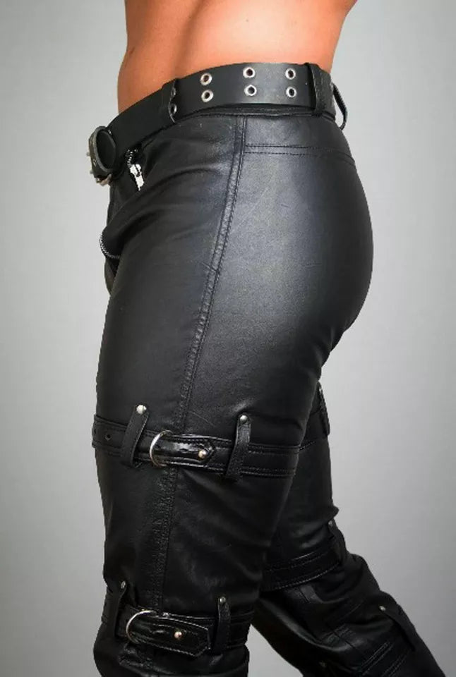 Men's Bondage Leather Pants with Zipper and Buckle