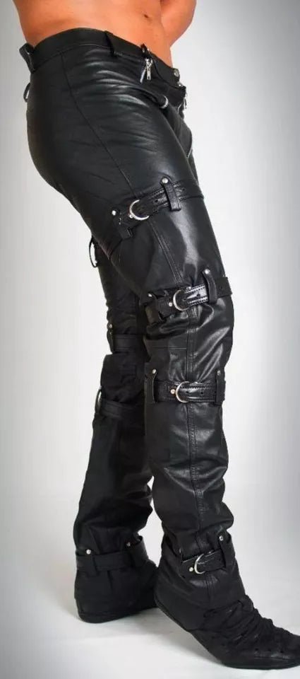 Men's Bondage Leather Pants with Zipper and Buckle
